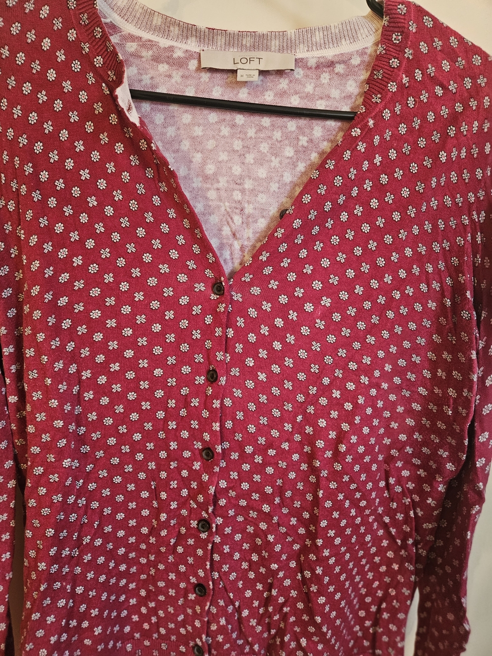 LOFT Red and Cream Floral Dot Knit Cardigan